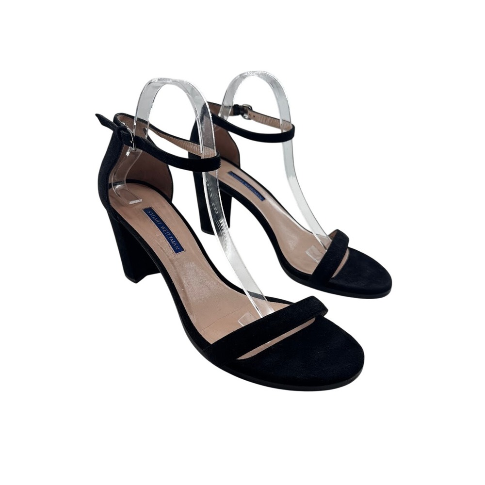 Stuart Weitzman NearlyNude Black Suede Block Heel 80MM Ankle Strap Sandals 11